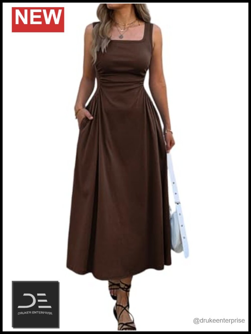 Square Neck Sleeveless Slim-Fit Maxi Dress Ruched Waist Flowy Casual Summer